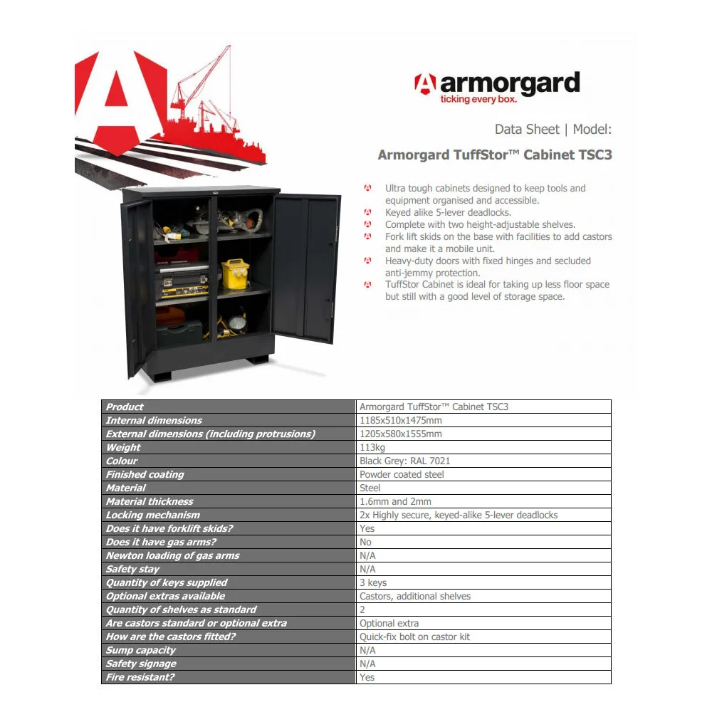 Armorgard TSC3 Tuffstor Cabinet Durable Storage Solution 1205mm x 585mm x 1570mm