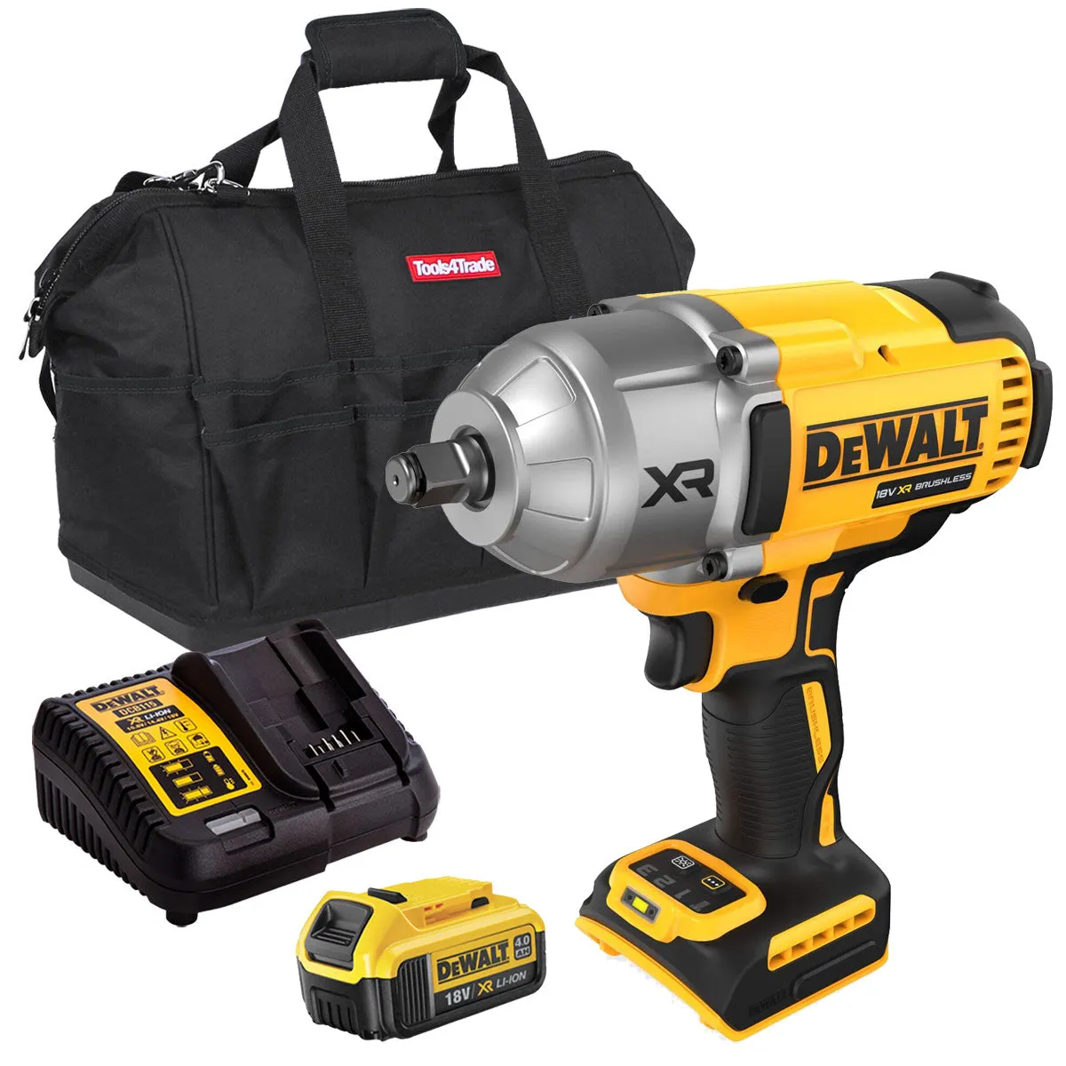 Dewalt DCF900N 18V XR Brushless 1/2 High Torque Impact Wrench Hog Ring with 1 x 4.0Ah Battery Charger & Bag