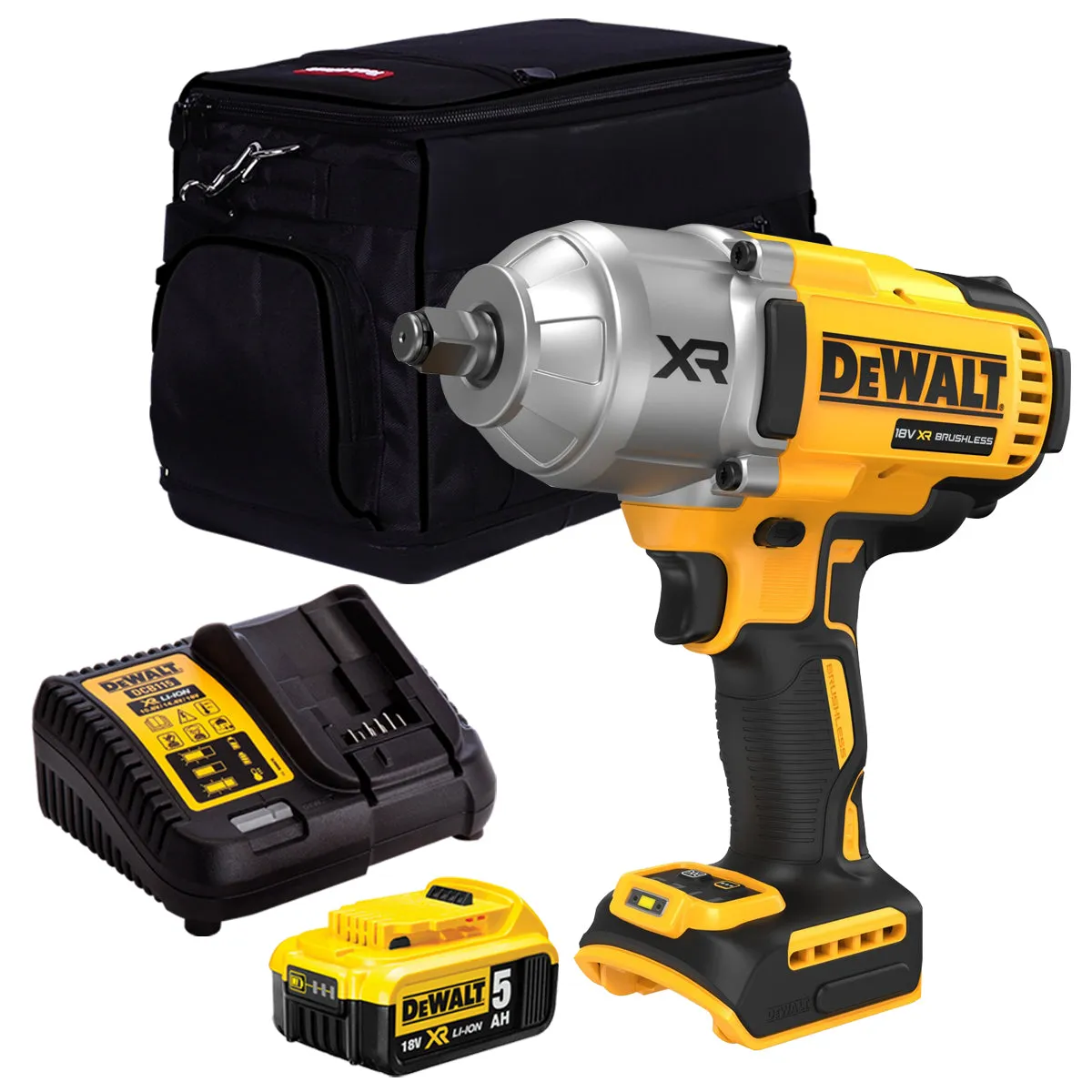 Dewalt DCF900N 18V XR Brushless 1/2 High Torque Impact Wrench Hog Ring with 1 x 5.0Ah Battery Charger & 20 Bag