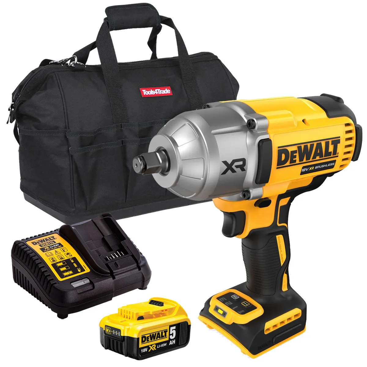 Dewalt DCF900N 18V XR Brushless 1/2 High Torque Impact Wrench Hog Ring with 1 x 5.0Ah Battery Charger & Bag
