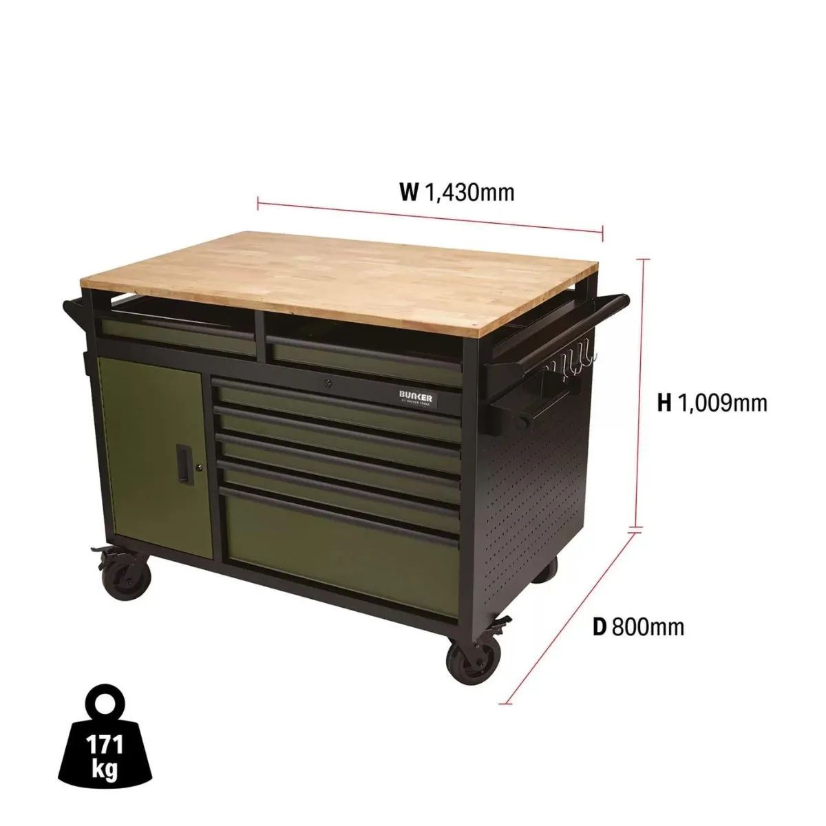 Draper B100-48MTGR BUNKER 48 Multi-Functional Workbench Roller Tool Cabinet 14 Drawer Green 08269