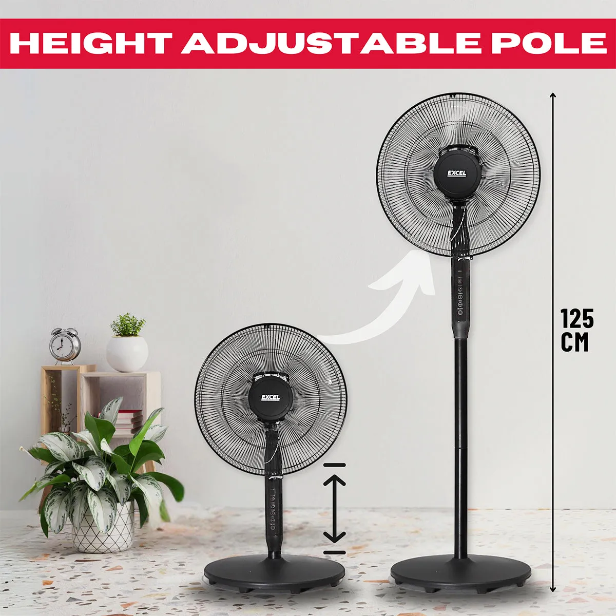Excel 16 Height Adjustable Pedestal Fan Digital Touch Panel with Remote Control Black
