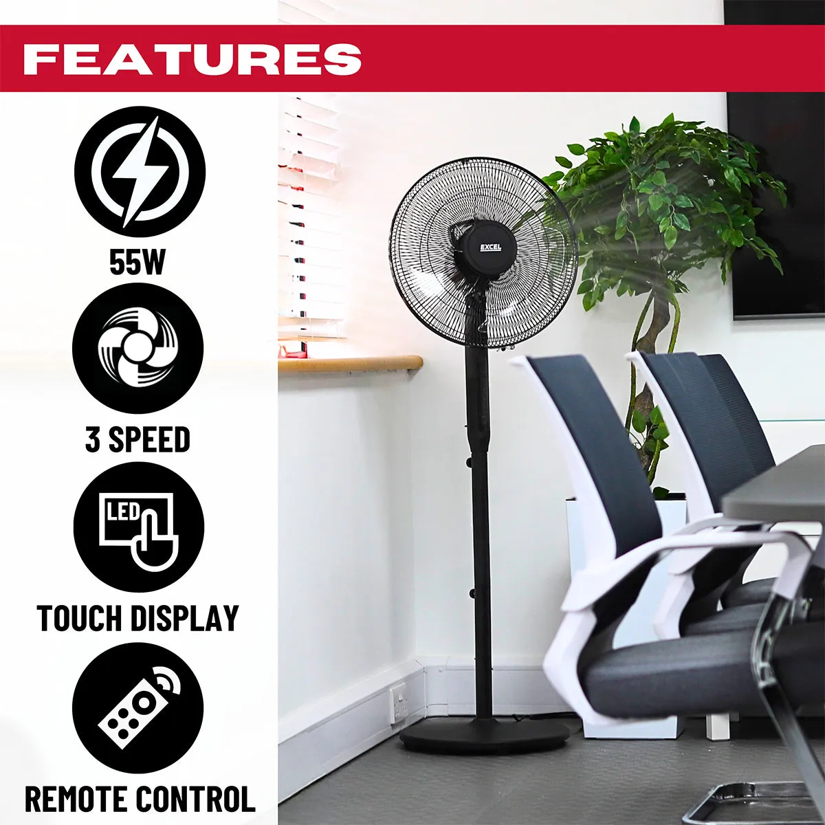 Excel 16 Height Adjustable Pedestal Fan Digital Touch Panel with Remote Control Black