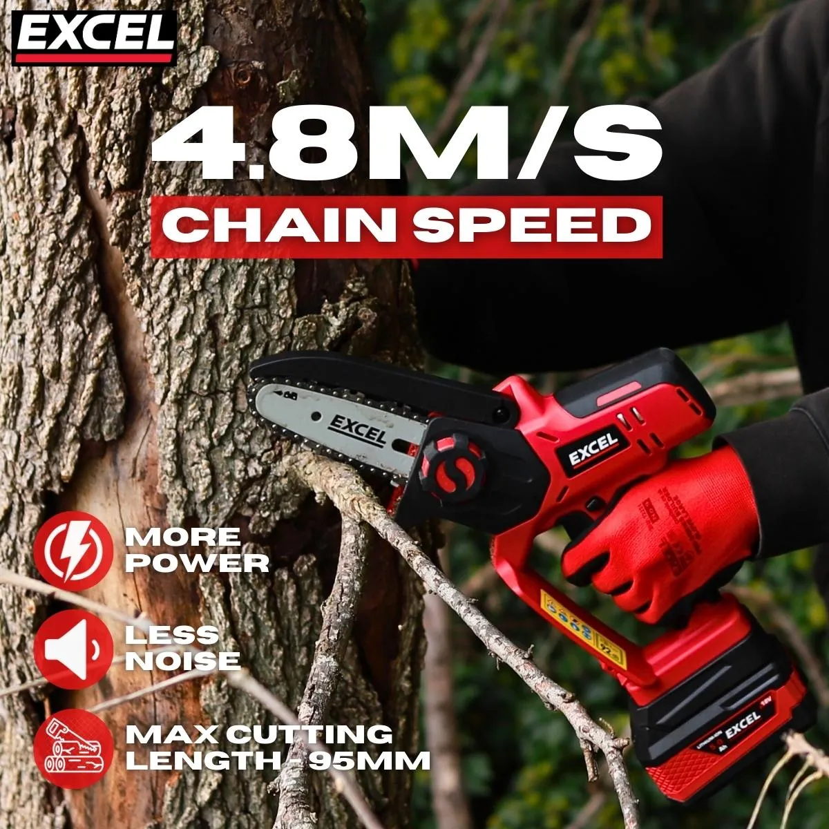Excel 18V Cordless Mini Chain Saw with 1 x 2.0Ah Battery Charger & Bag