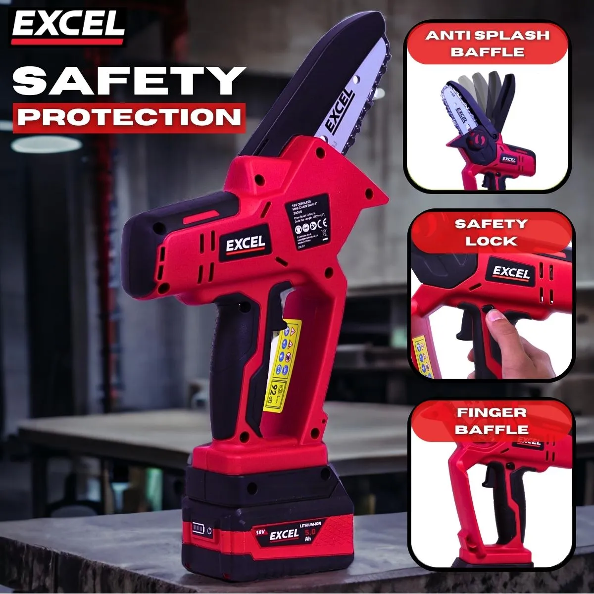Excel 18V Cordless Mini Chain Saw with 1 x 2.0Ah Battery Charger & Bag