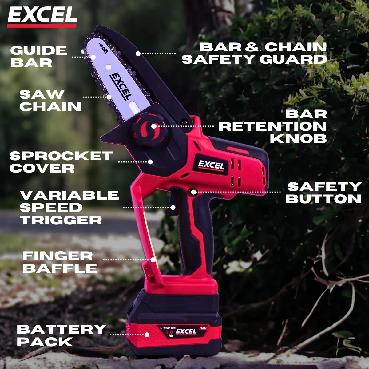 Excel 18V Cordless Mini Chain Saw with 1 x 2.0Ah Battery Charger & Bag