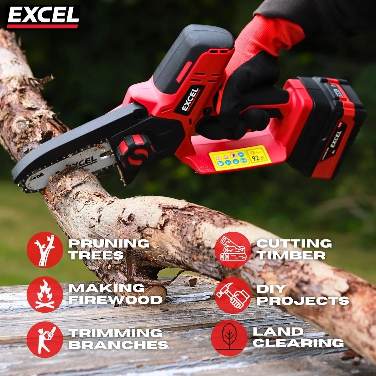 Excel 18V Cordless Mini Chain Saw with 1 x 2.0Ah Battery Charger & Bag