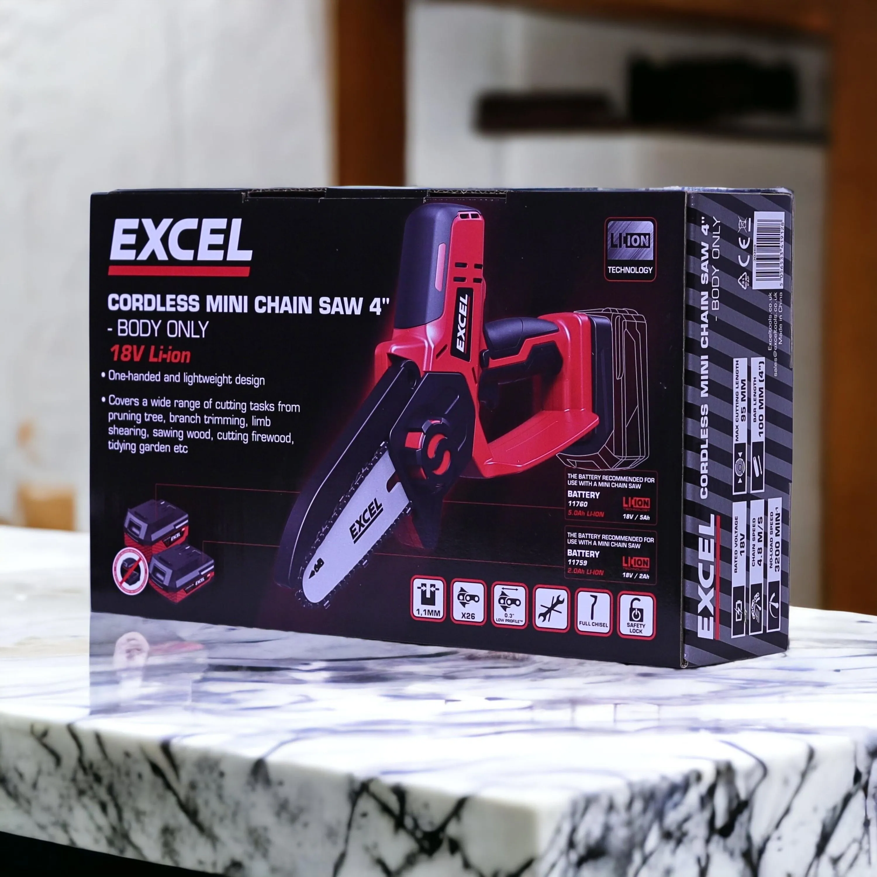 Excel 18V Cordless Mini Chain Saw with 1 x 2.0Ah Battery Charger & Bag