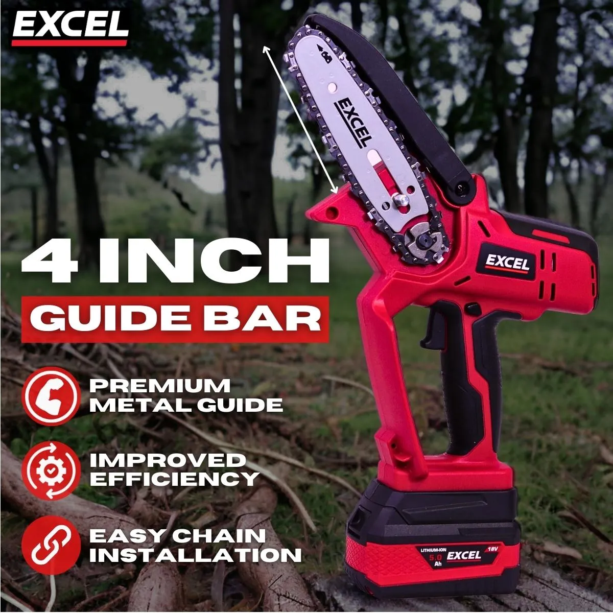 Excel 18V Cordless Mini Chain Saw with 1 x 2.0Ah Battery Charger & Bag