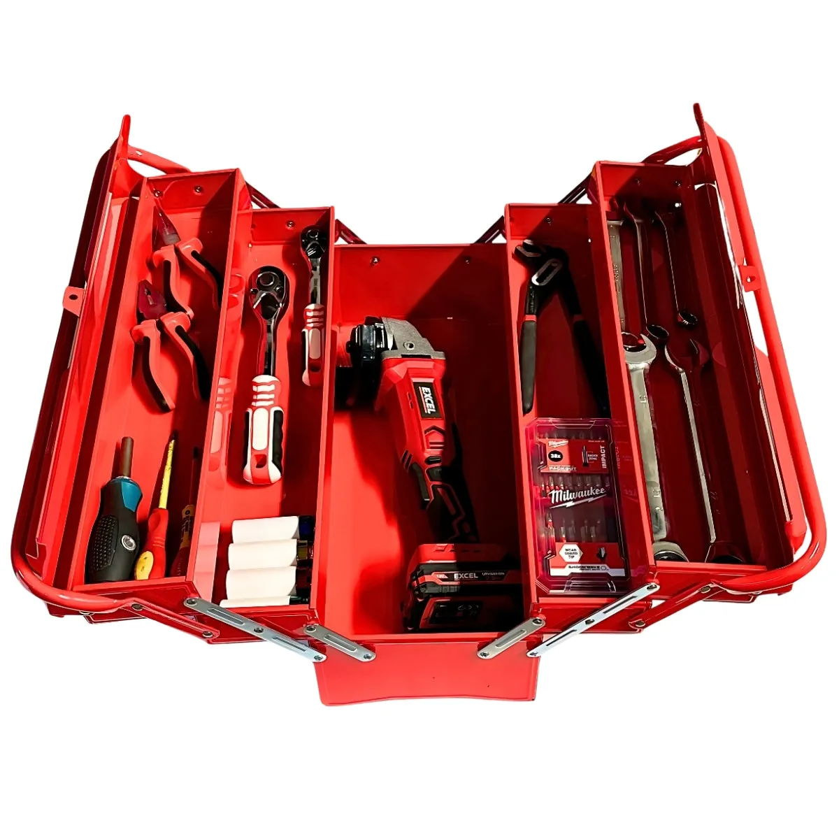 Excel 4 Tray Cantilever Metal Tool Box Organiser Storage Red