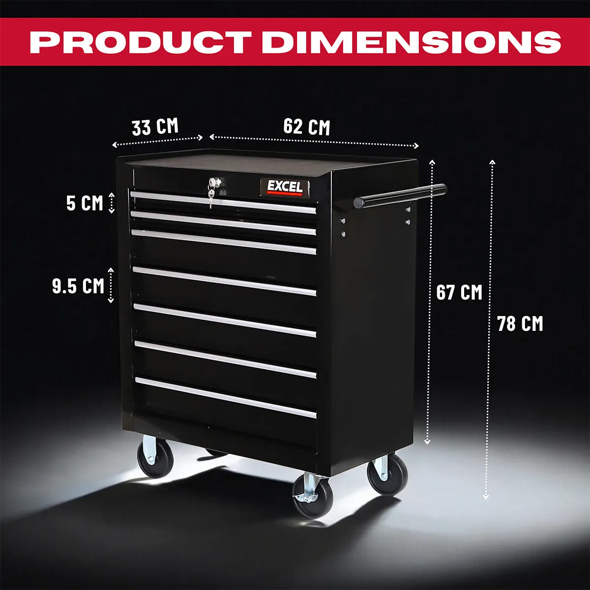 Excel 7 Drawer Tool Chest Storage Cabinet with Wheels - Black