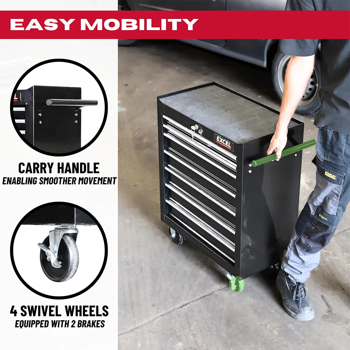 Excel 7 Drawer Tool Chest Storage Cabinet with Wheels - Black