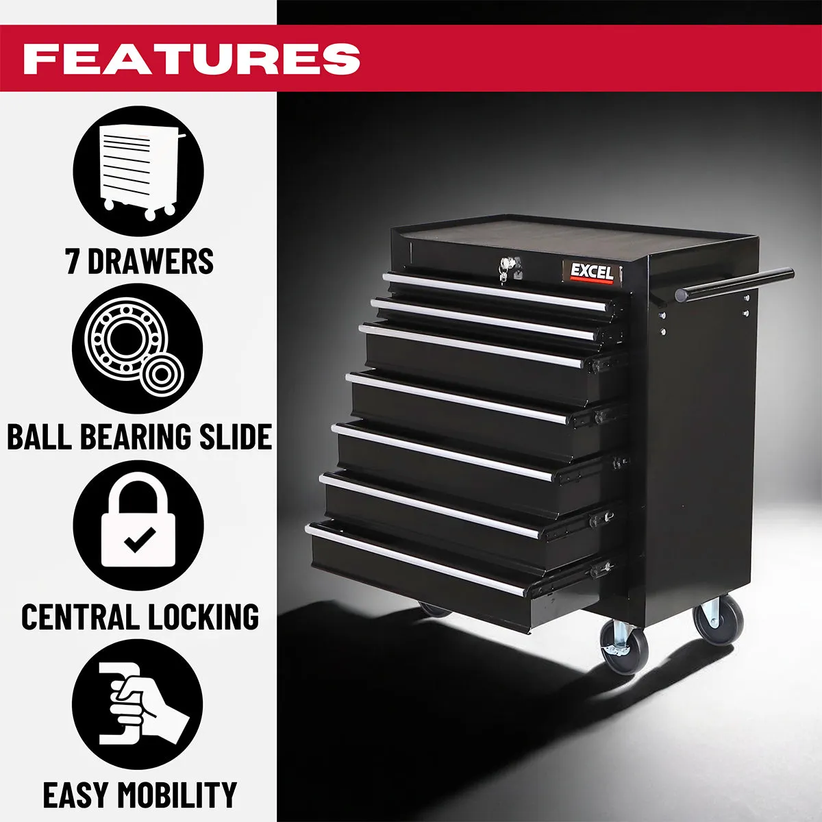 Excel 7 Drawer Tool Chest Storage Cabinet with Wheels - Black
