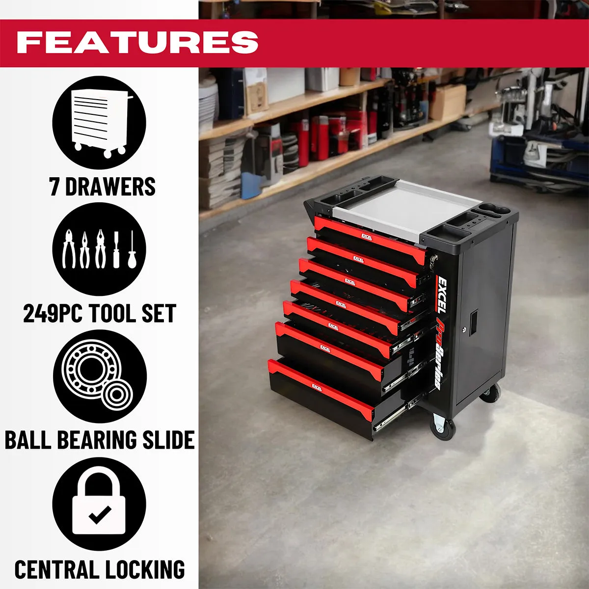 Excel 7 Drawer Tool Chest Storage Roller Cabinet with 249 Piece Tool Set