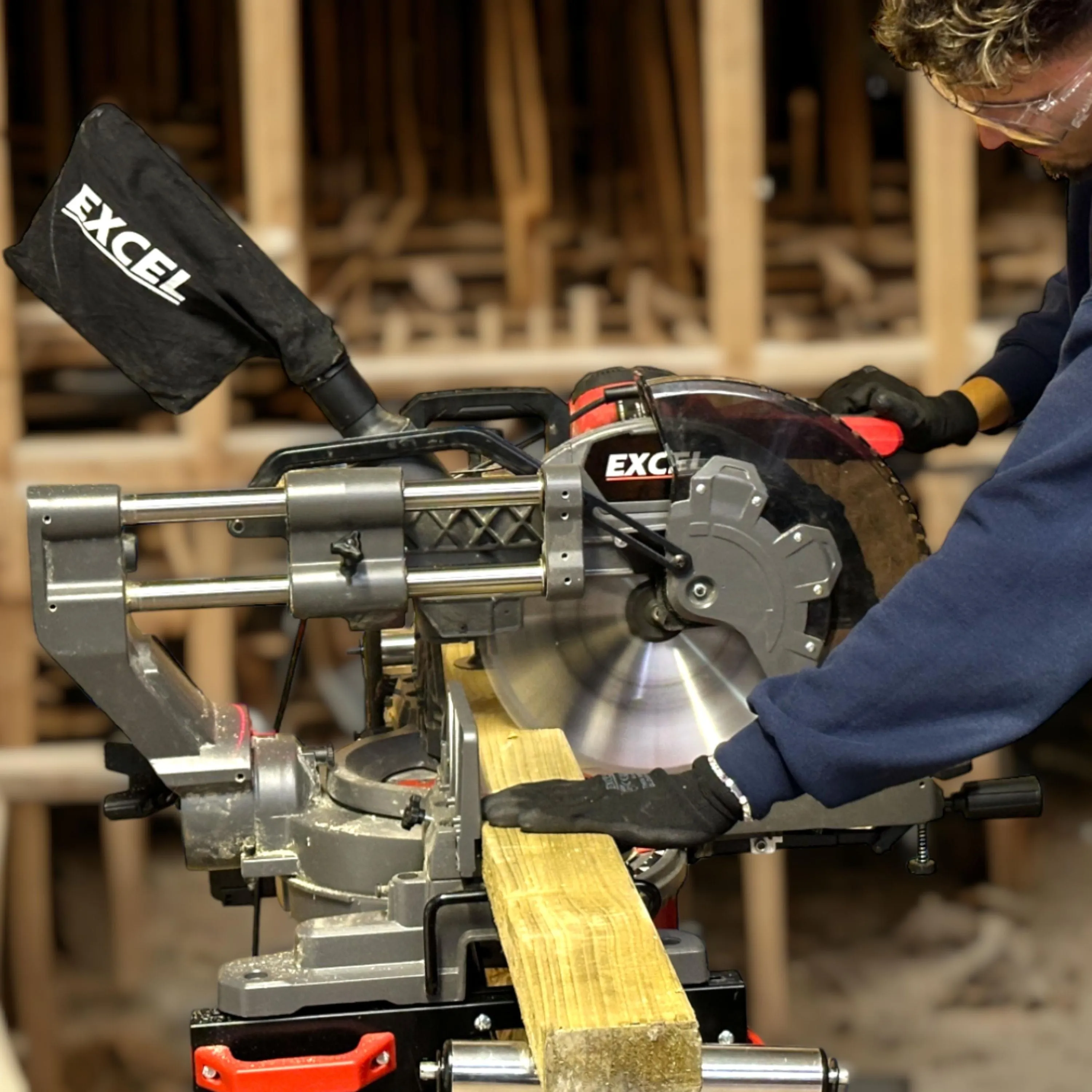 Excel Sliding Mitre Saw Double Bevel 305mm 240V/1800W & Laser with Universal Stand