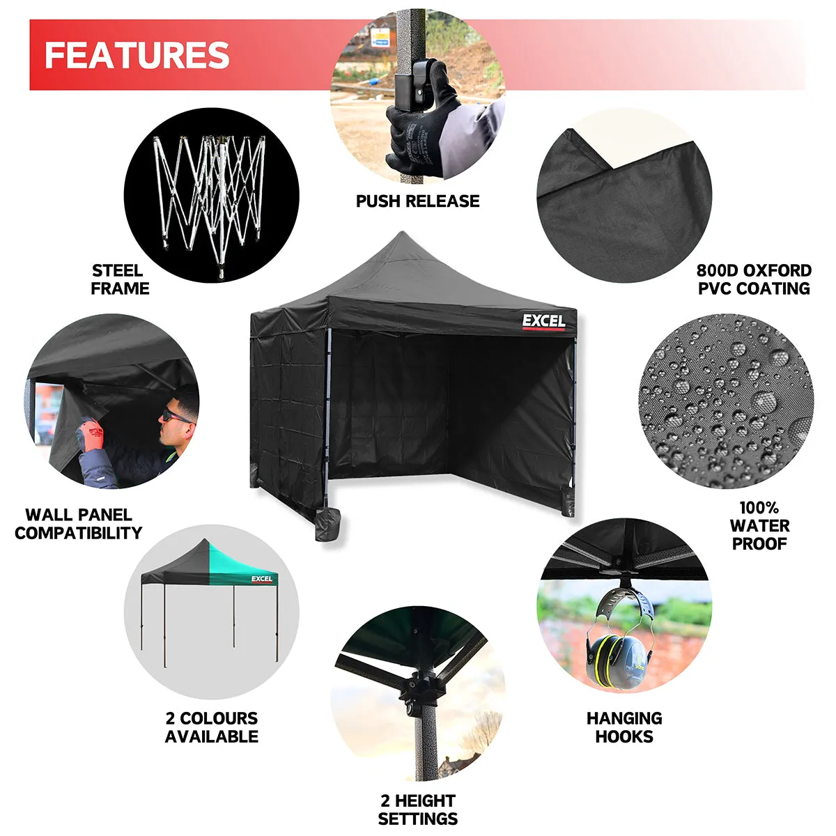 Excel Steel Gazebo 3m x 3m Black with Wheel Bag. Wall panel. Sand Bag