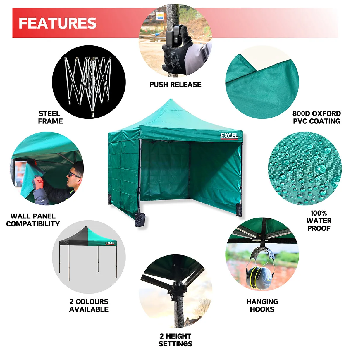 Excel Steel Gazebo 3m x 3m Green with Wheel Bag. Wall panel. Sand Bag