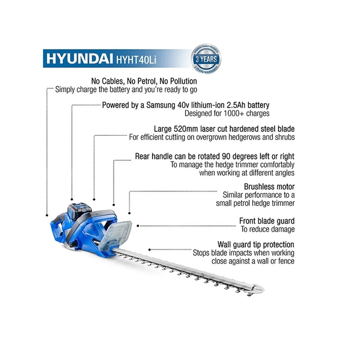 Hyundai HYHT40LI 40V Brushless Hedge Trimmer With Battery and Charger