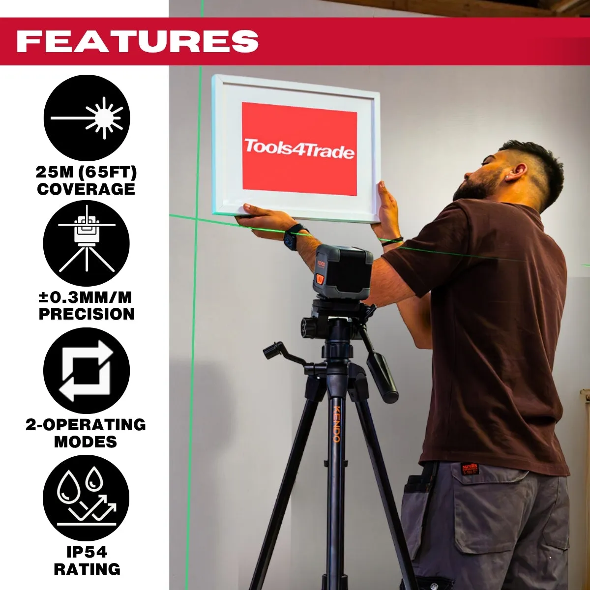 Kendo 20m Self-Levelling Laser Level 360 Bracket with Adjustable Tripod & Carry Bag