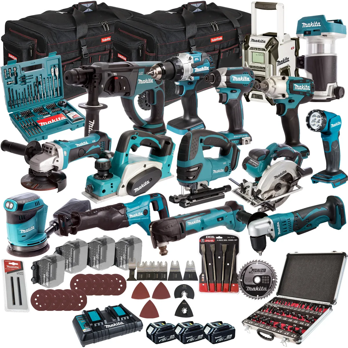 Makita 18V 15 Piece Combo Kit with 3 x 5.0Ah Battery Charger & Accessories Set T4TKIT-17220