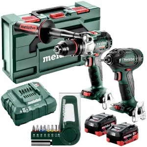 Metabo 2.1.15 18V Brushless Hammer Drill & Impact Driver with 2 x 5.5Ah Batteries Charger. 9 Pieces Screwdriver Bit Set