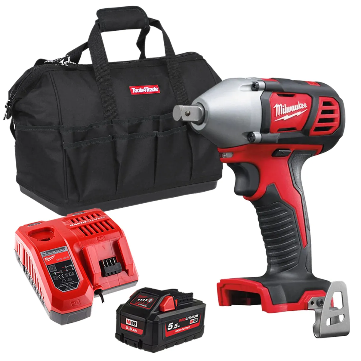 Milwaukee M18BIW12-0 18V Compact 1/2 Impact Wrench with 1 x 5.5Ah Battery Charger & Bag