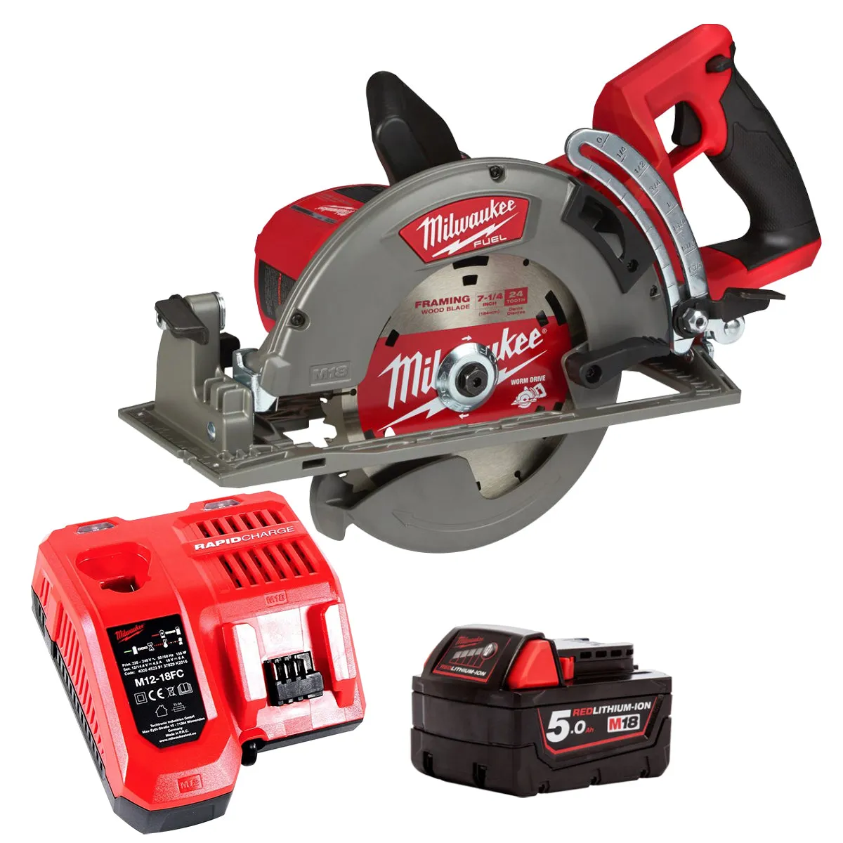 Milwaukee M18FCSRH66-0 18V FUEL Brushless 190mm Rear Handle Circular Saw with 1 x 5.0Ah Battery & Charger