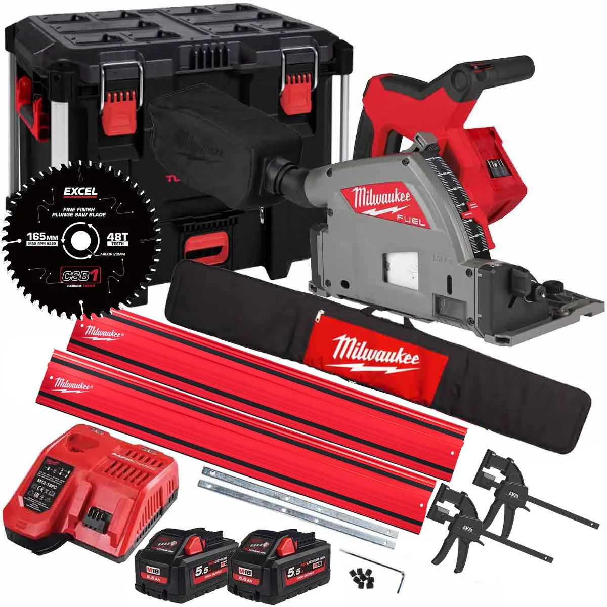 Milwaukee M18FPS55-552P 18V 165mm Fuel Brushless Plunge Saw   2 x 5.5Ah Battery with Blade & Guide Rail Kit