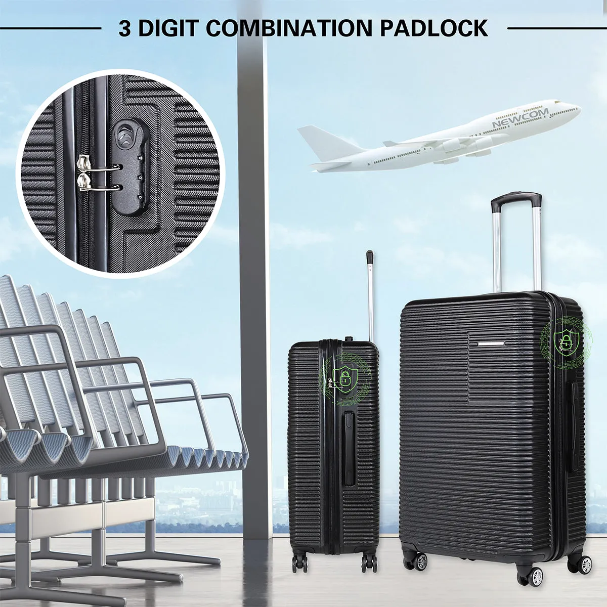 Newcom Hard Shell Trolley Suitcase 20/24/28 Set of 3 Black
