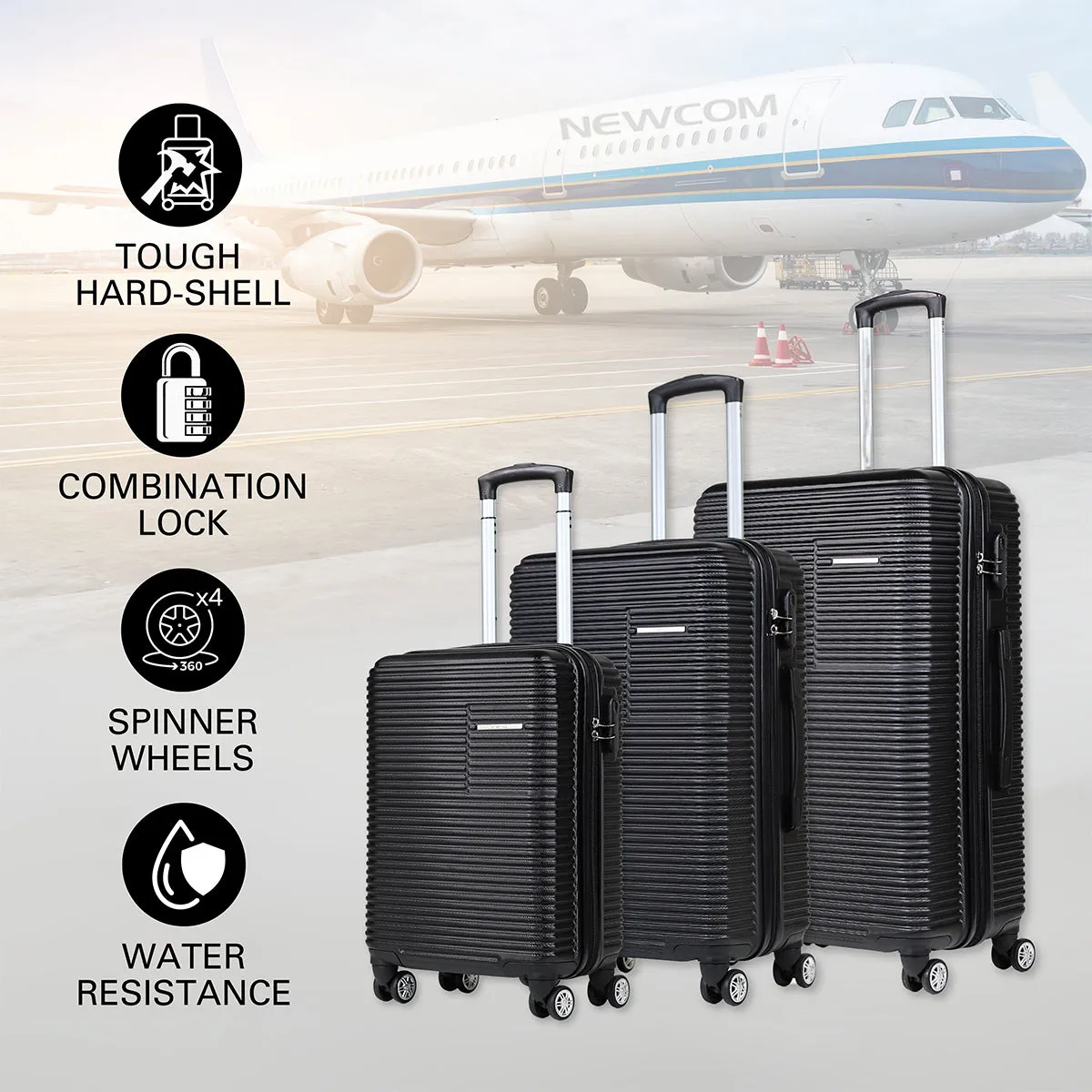 Newcom Hard Shell Trolley Suitcase 20/24/28 Set of 3 Black