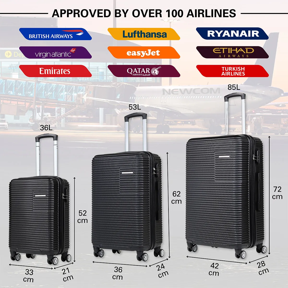 Newcom Hard Shell Trolley Suitcase 20/24/28 Set of 3 Black