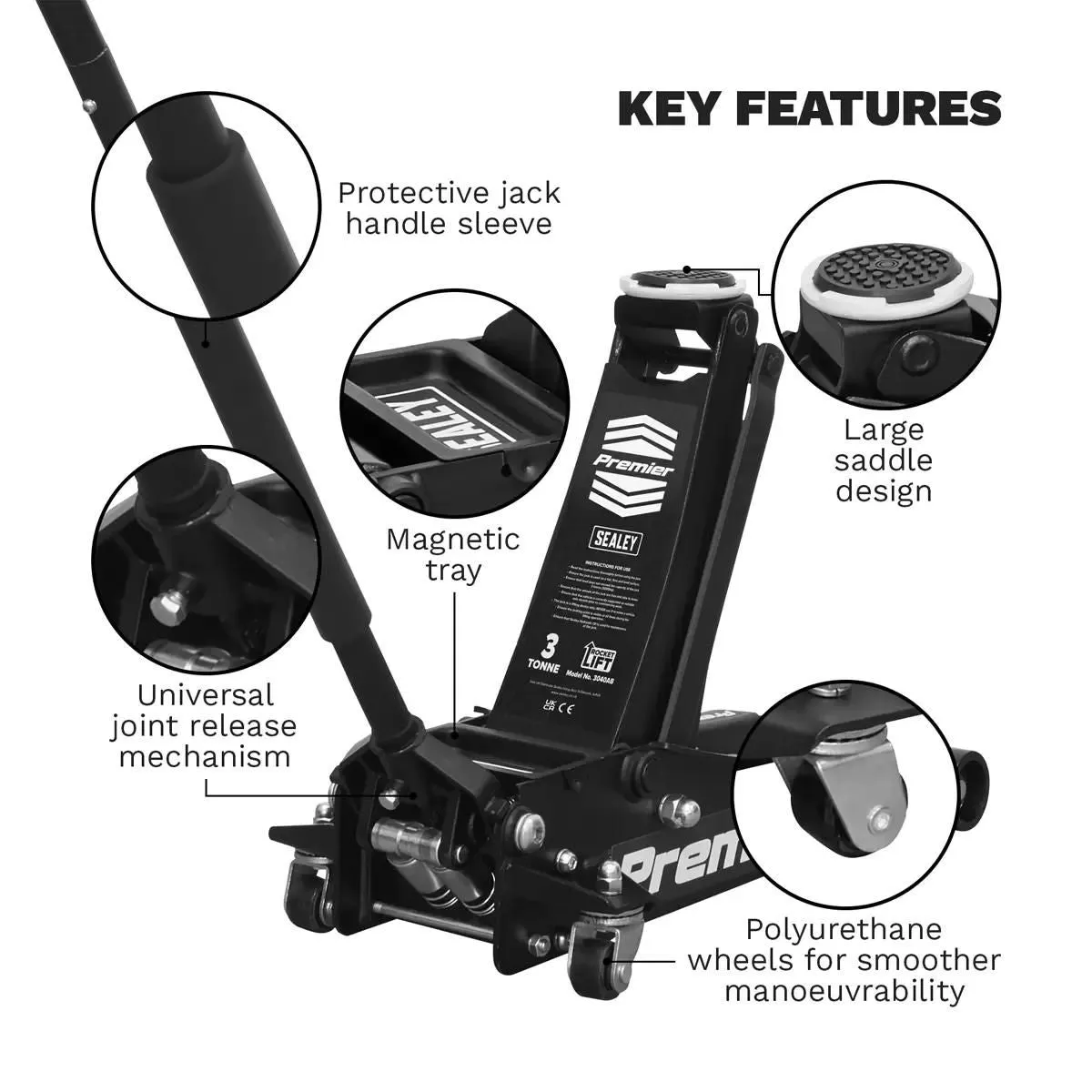 Sealey 3040AB Trolley Jack 3tonne Rocket Lift Black