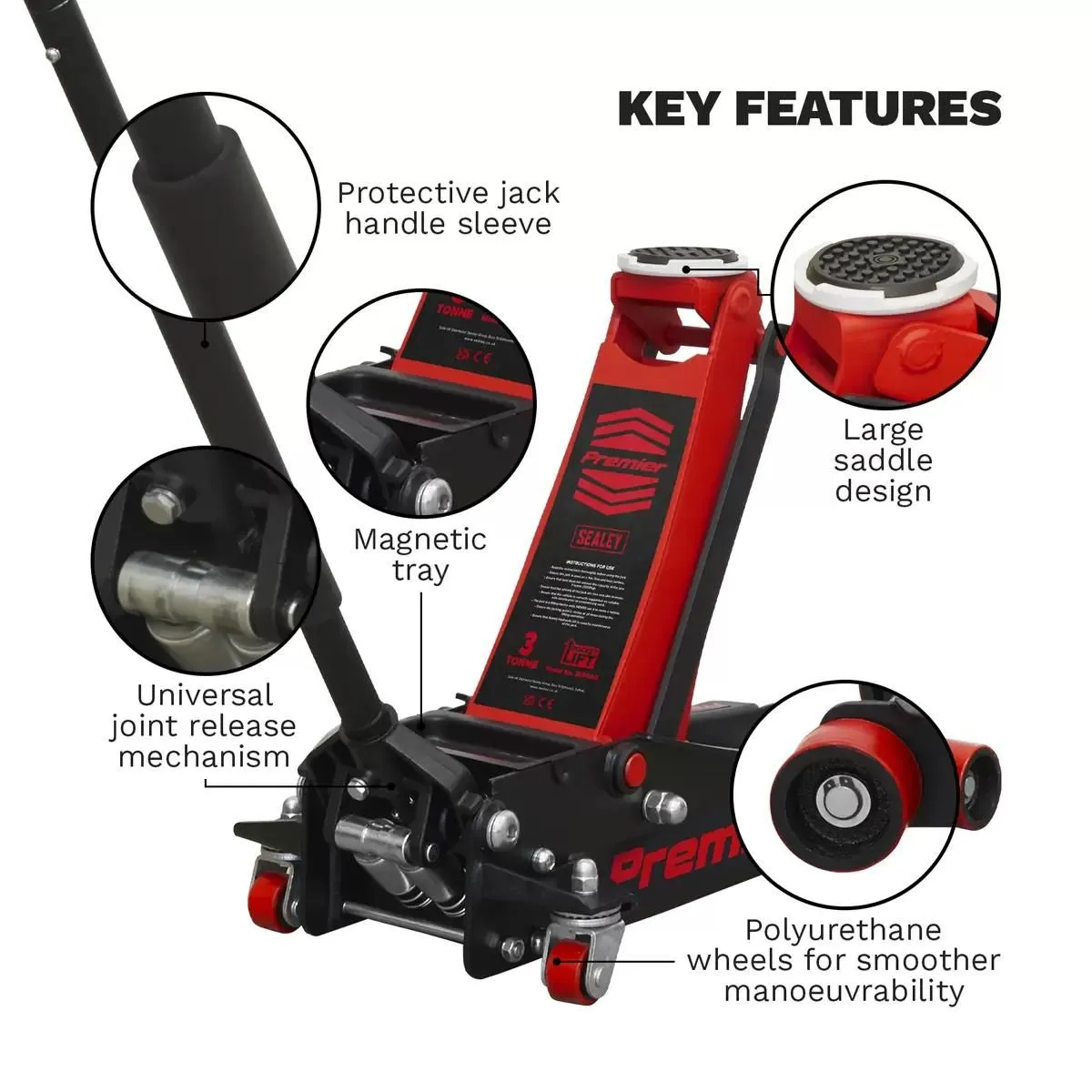 Sealey 3040AR Trolley Jack 3tonne Rocket Lift Red