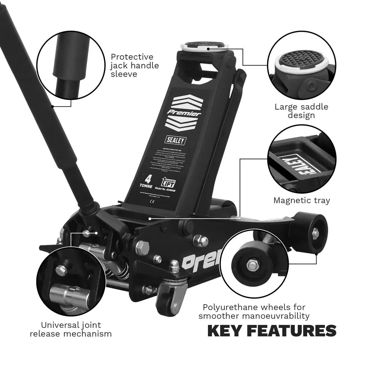 Sealey 4040AB Trolley Jack 4tonne Rocket Lift Black