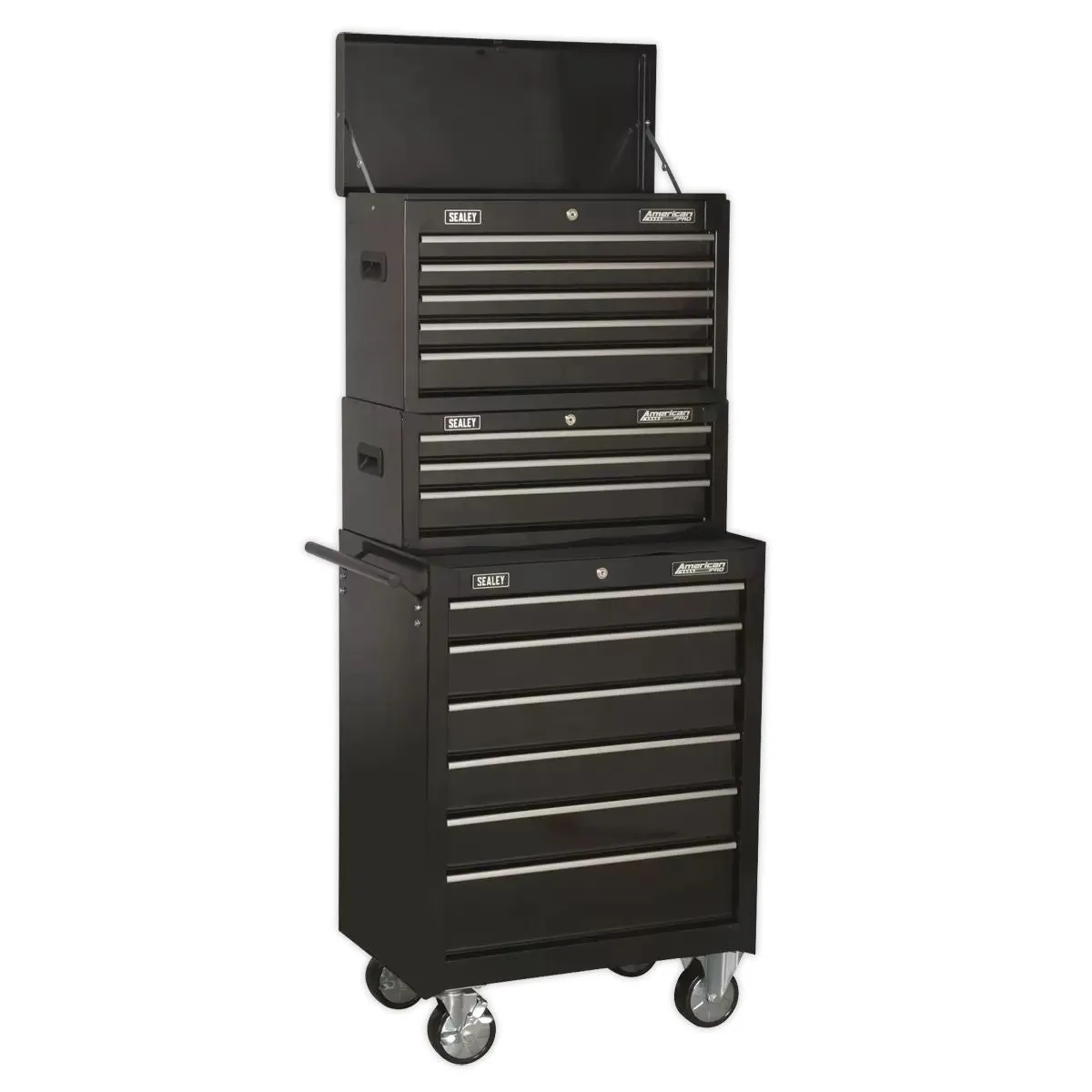 Sealey AP22BSTACK Topchest. Mid-Box & Rollcab 14 Drawer Stack Black