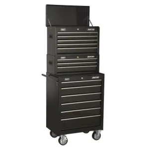 Sealey AP22BSTACK Topchest. Mid-Box & Rollcab 14 Drawer Stack Black