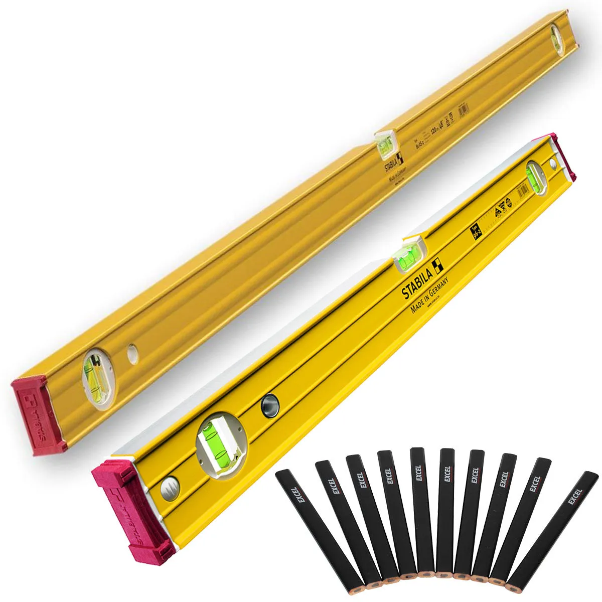 Stabila 96-2 Double Plumb Ribbed Box Level Twin Pack 60cm   120cm With 10 Pencil Set