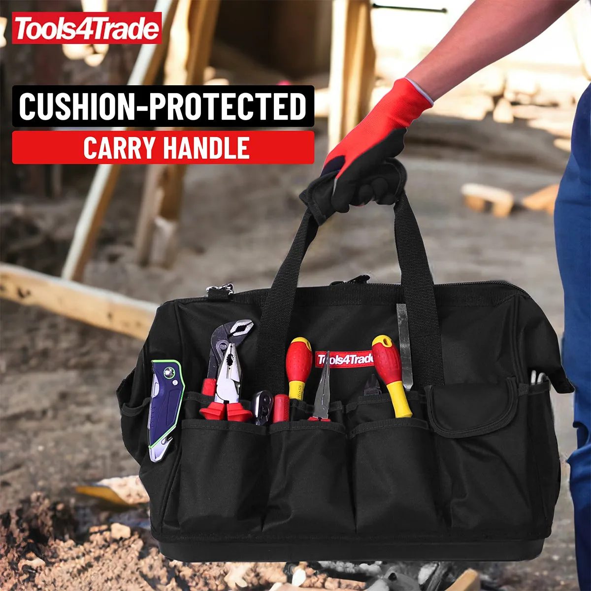 Tools4Trade 18 (45cm) Tool Bag with Multi-Pockets & Hard Base - Black