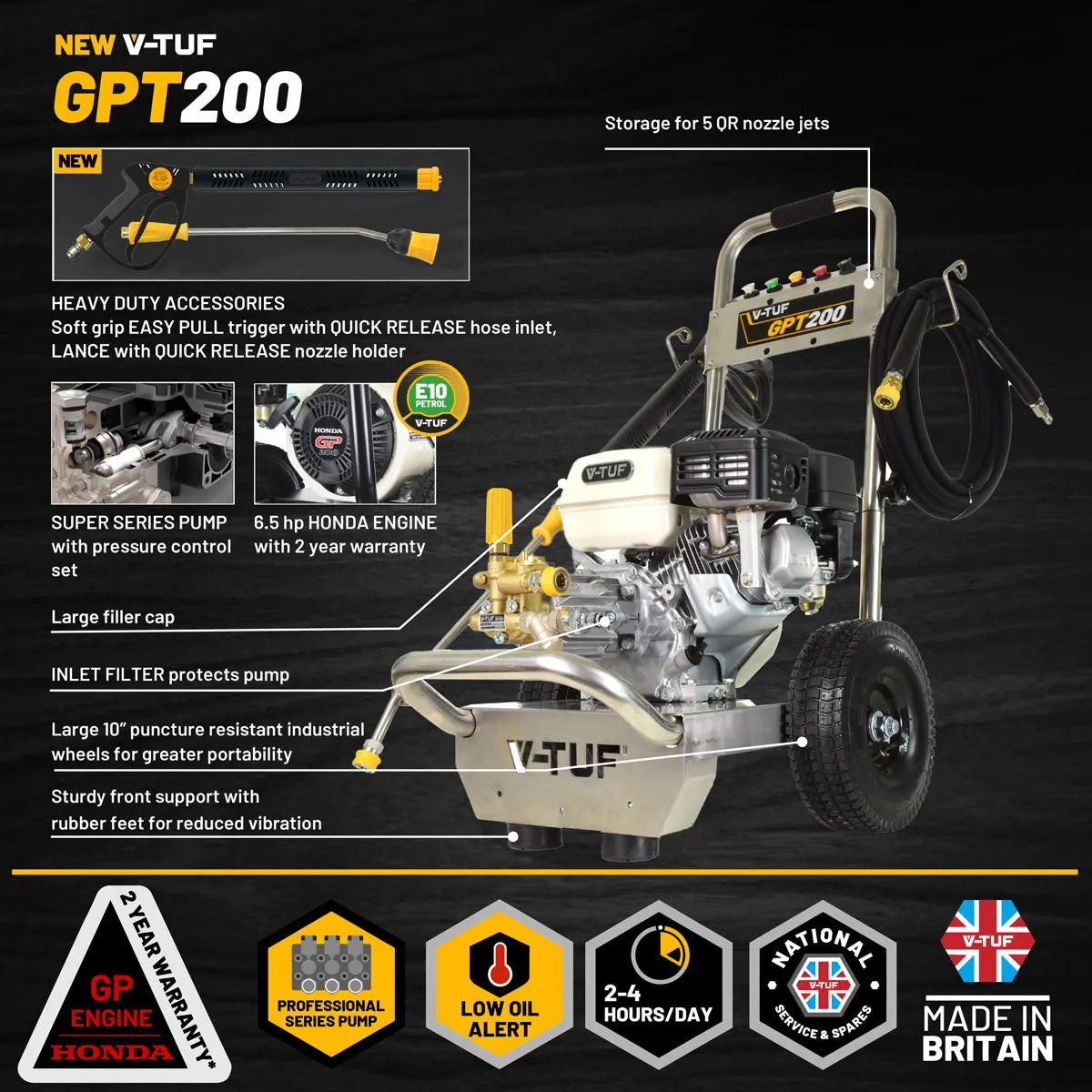 V-TUF GPT200 Industrial 6.5HP Petrol Pressure Washer with Honda Engine 2755psi. 190Bar & 12L/min Pump