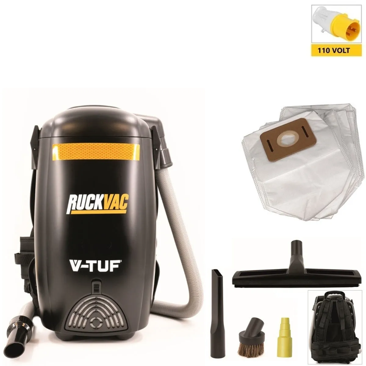 V-TUF RUCKVAC-110 Industrial Backpack Vacuum Cleaner with Lung Safe HEPA H13 Filtration 110V