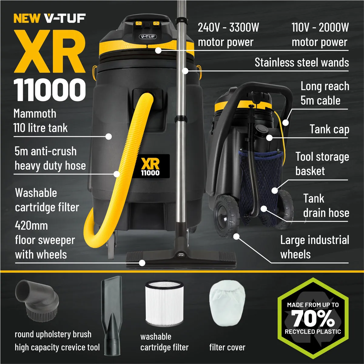 V-TUF XR11000-110 110L High Performance Wet & Dry Industrial Vacuum Cleaner Made from 70% Recycled Plastic 110V/2200W