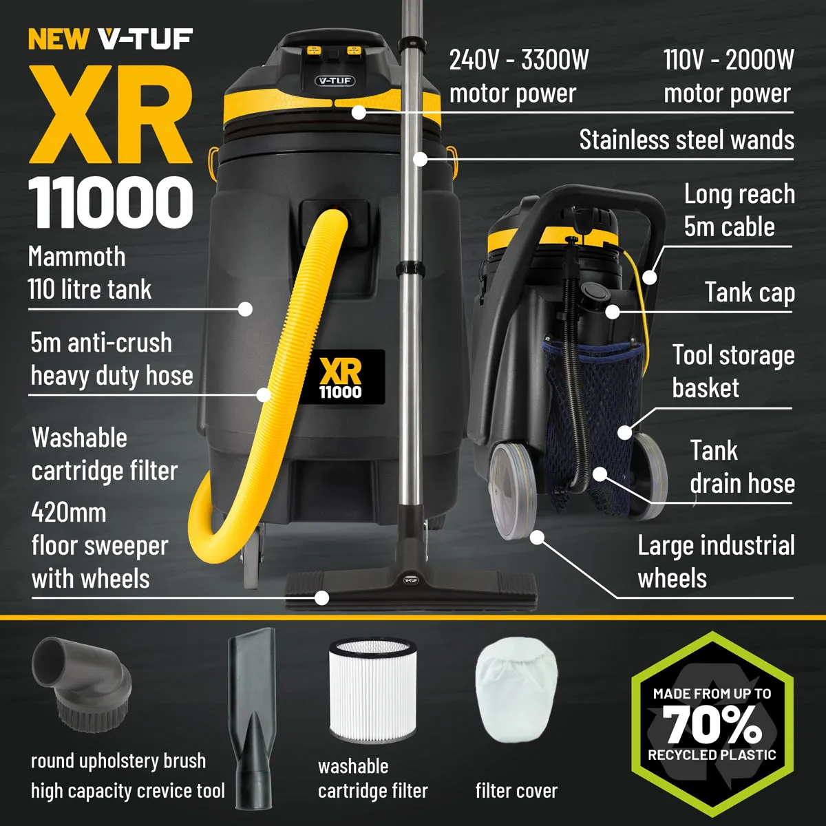 V-TUF XR11000 110L High Performance Wet & Dry Industrial Vacuum Cleaner Made from 70% Recycled Plastic 240V/3300W